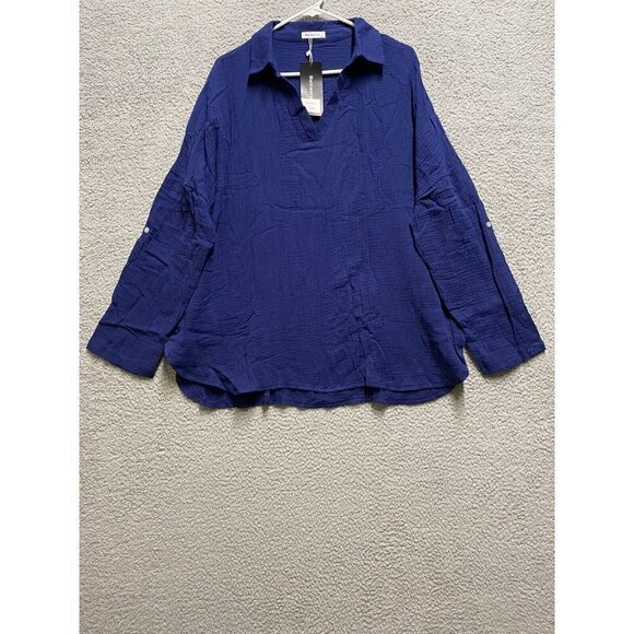 Betianro Women’s  1/3 Button Down Blue Shirt Long Sleeve XXL Blouse New - Picture 1 of 7